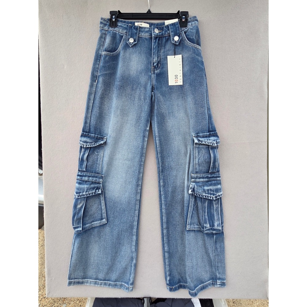 1030 Ten Thirty Womens Cargo Jeans Wide Leg Medium Wash Blue Denim Size 1/25 NWT
